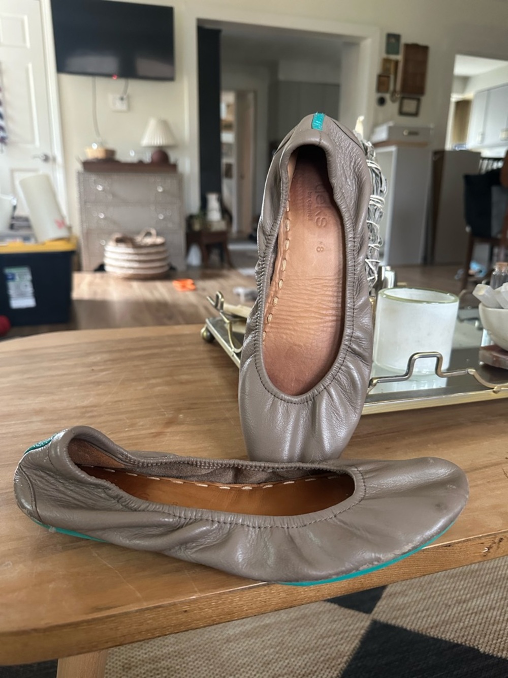 Tieks leather Ballet Flats in Taupe with Teal Trim Size 8. Used wear as shown
